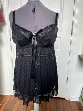 Sheer Black Lace Babydoll Chemise with Satin Ribbon